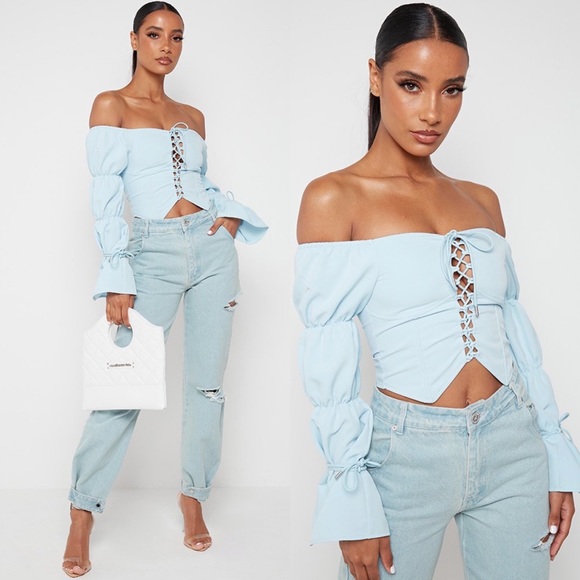 Manière De Voir Blue Lace Up Puff Off-the-Shoulder Sleeve Top - Picture 1 of 12